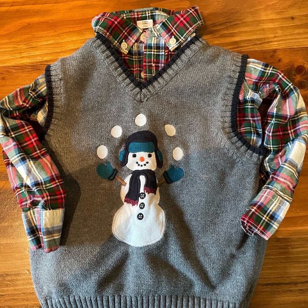 Gymboree Snowman Sweater Vest & Gap Button Down